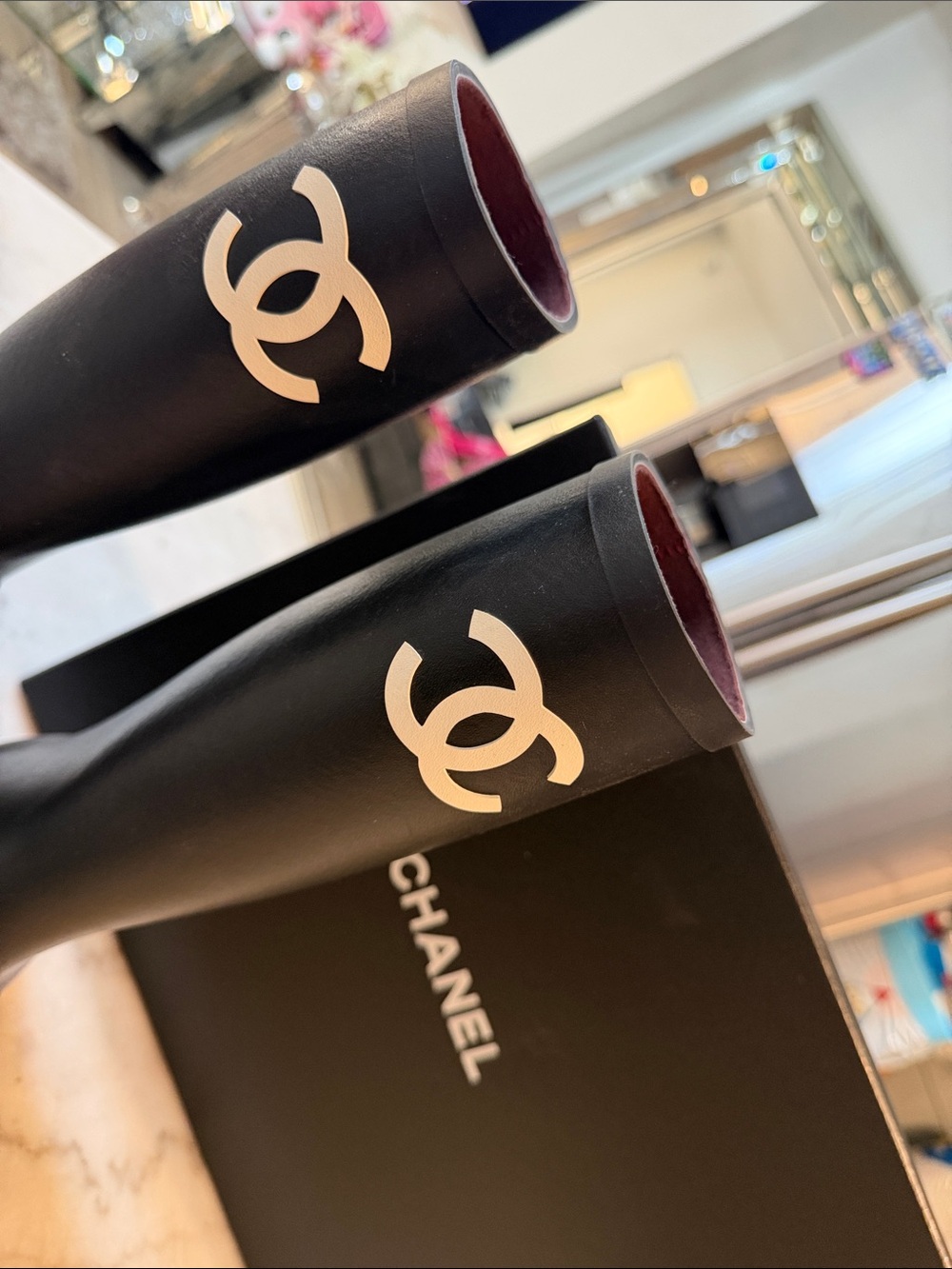 CHANEL Black Rain Boots with White CC Logo - Picture 3 of 8